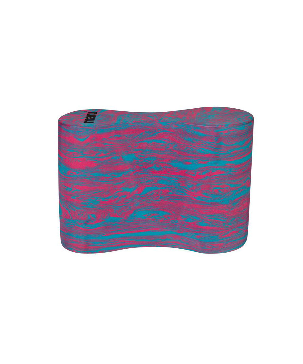 Maru Swim pull buoy with a horizontal orientation, displaying a pink and blue marbled design. The buoy's contoured shape provides comfort for swimmers working on arm stroke and upper body technique.
