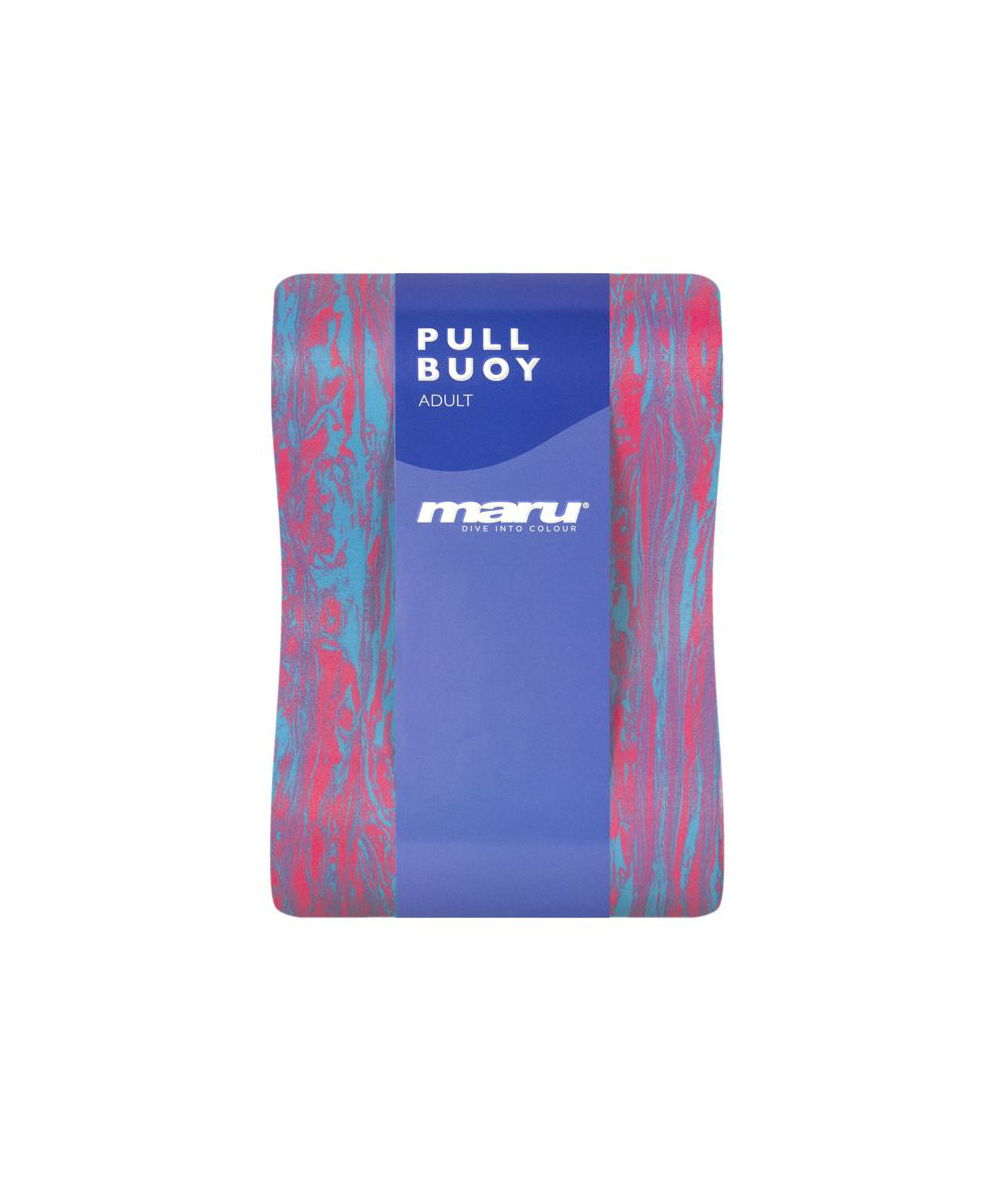 Maru Swim pull buoy for adults, featuring a pink and blue marbled design with a central blue packaging panel displaying the Maru logo and 'Pull Buoy' label. Designed to aid swimmers in improving arm stroke and upper body technique.
