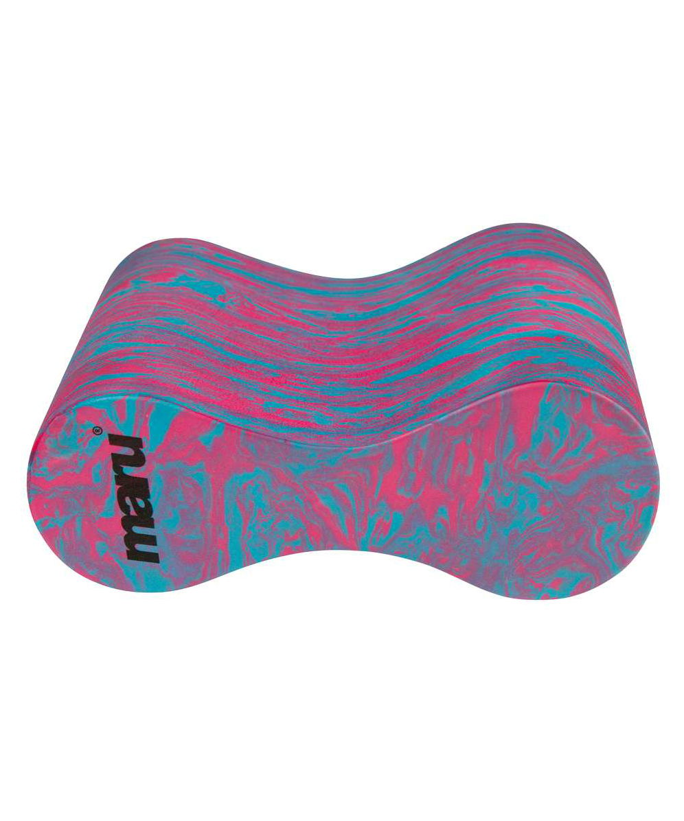 Maru Swim pull buoy with a pink and blue marbled design, contoured for comfort and designed to aid swimmers in improving arm stroke and upper body technique. Features the Maru logo on the side.
