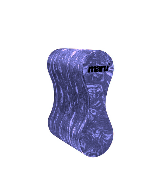 Maru Swim pull buoy with a purple marbled design, contoured for comfortable positioning between the legs to aid swimmers in improving arm stroke and upper body technique.