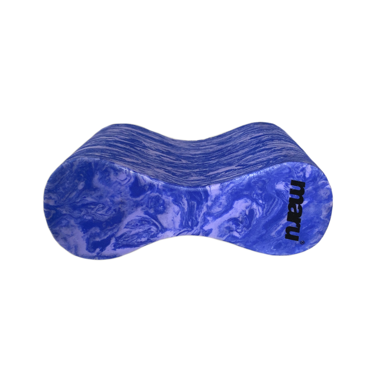 Maru Swim pull buoy with a blue marbled design, contoured for comfort and featuring the Maru logo. Ideal for swim training to improve arm stroke and upper body technique.