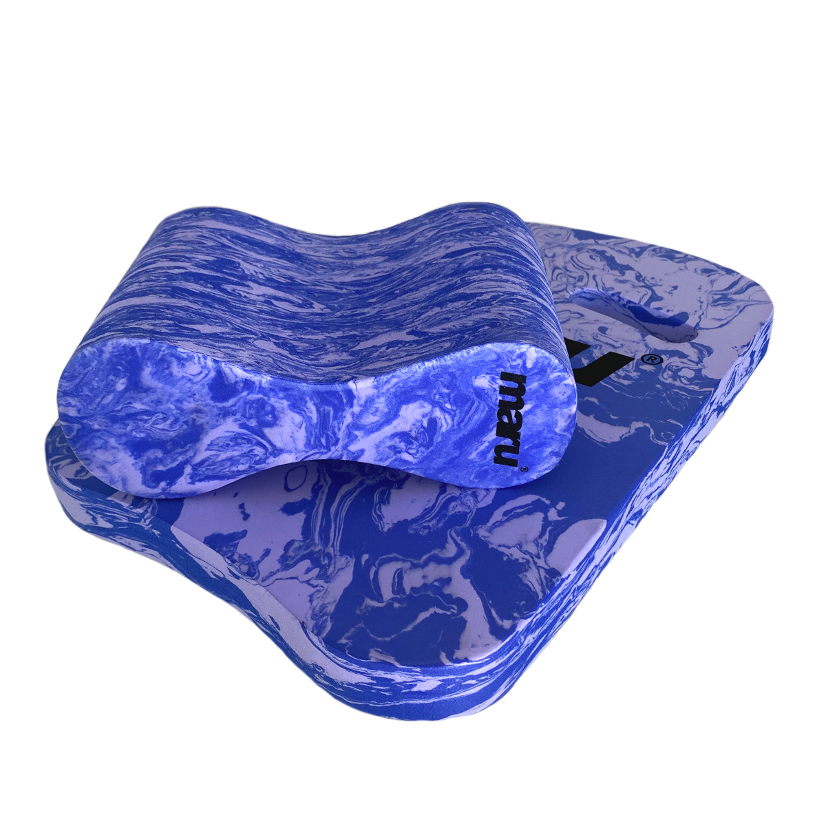 Maru Swim pull buoy and kickboard with a blue marbled design, placed together. The pull buoy is contoured for comfort, and the kickboard features cutout handles and the Maru logo, both designed for swim training exercises.