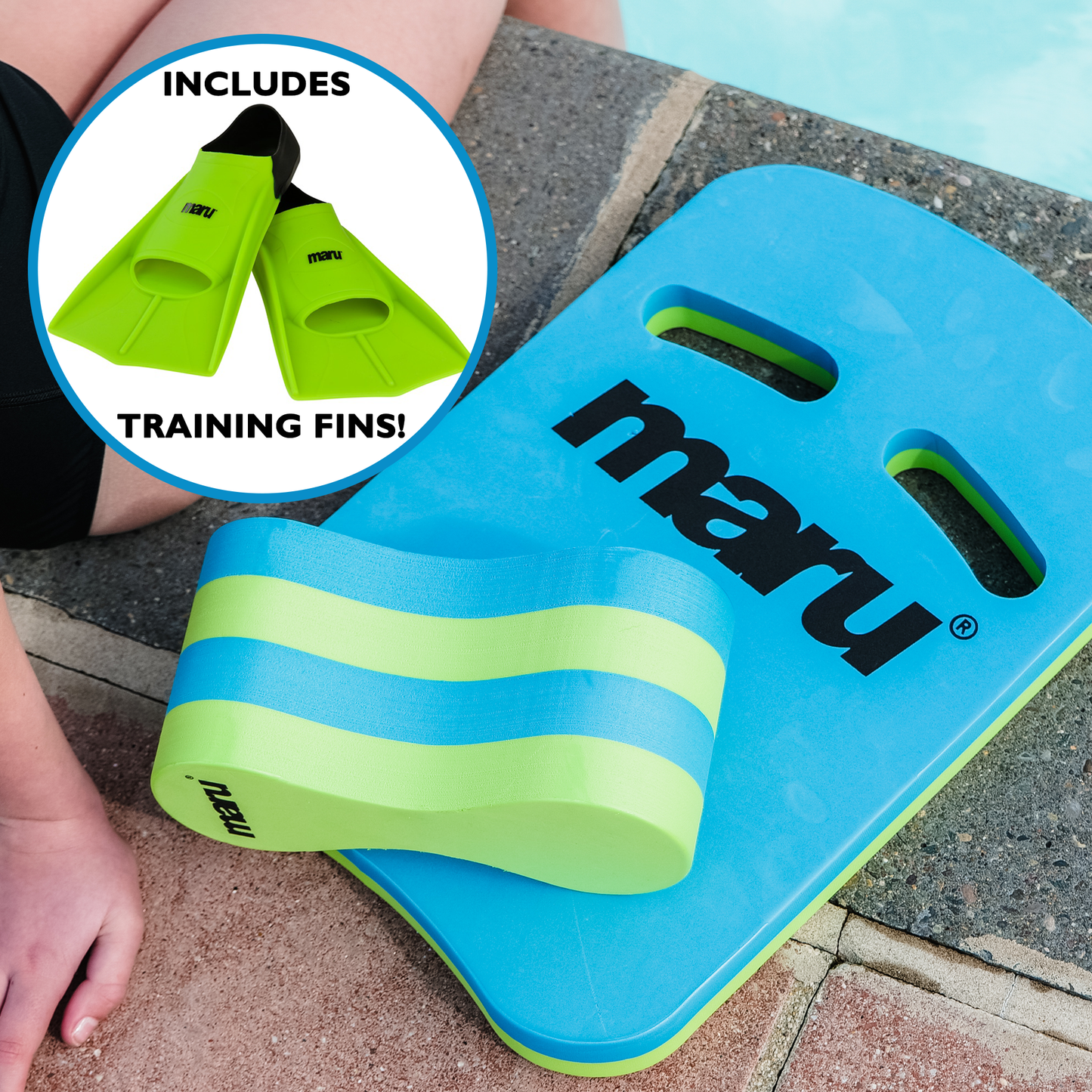 Maru Juniors (u11) Power Bundle - Kickboard, Training Fins, Pull Buoy + FREE Swim Cap!