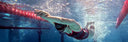 Swimmer in action underwater with pool lanes visible