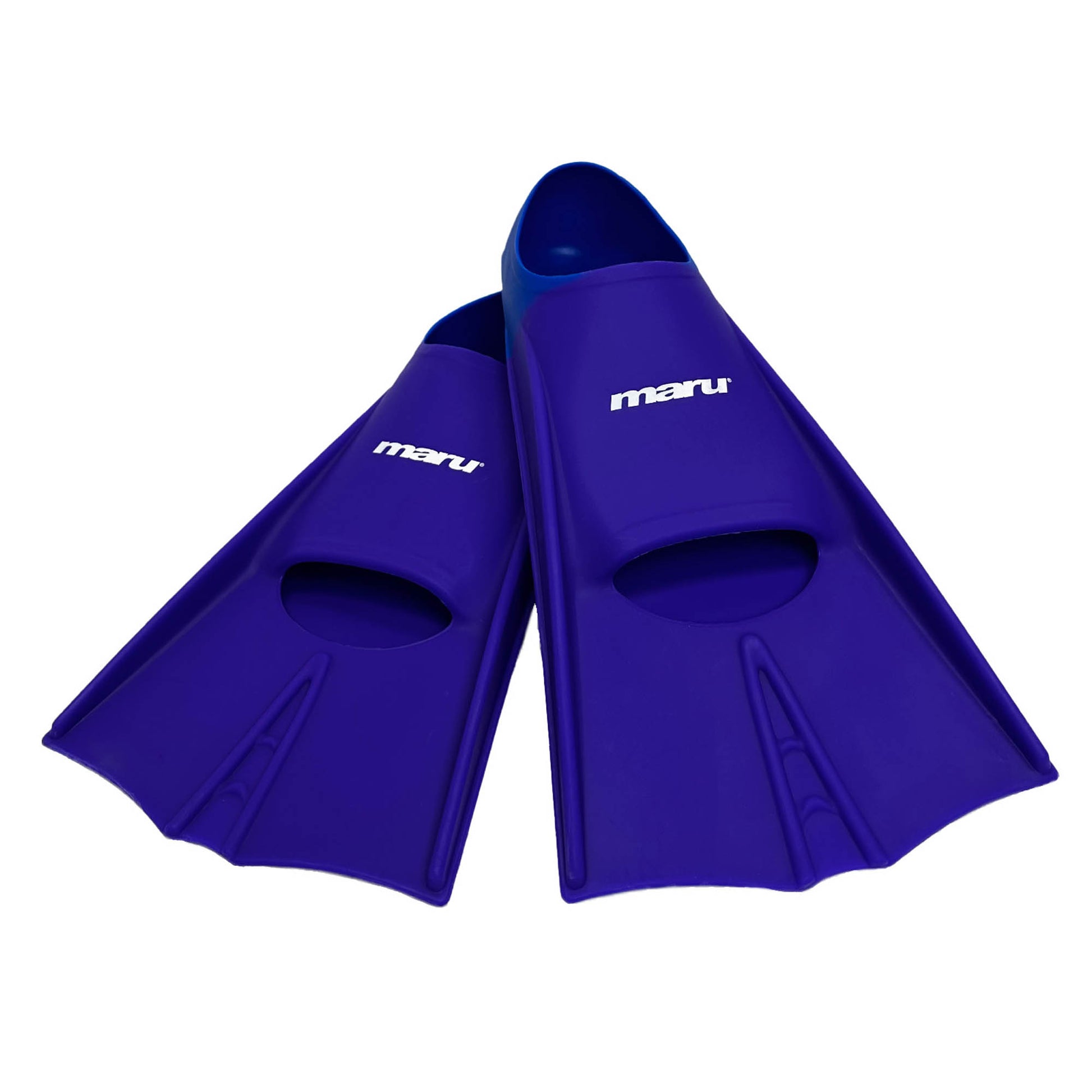 Pair of blue diving fins with 'Maru' branding on a white background