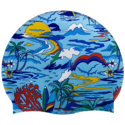 Silicone Swim Cap - Blue Hawaii Print