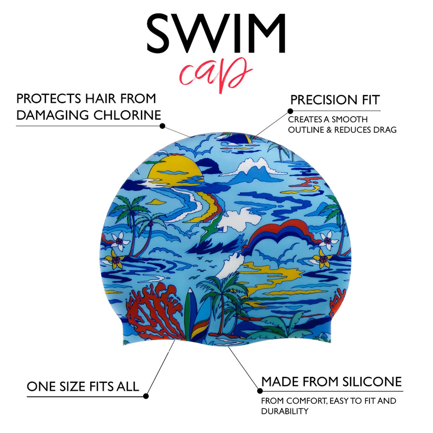 Silicone Swim Cap - Blue Hawaii Print