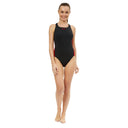 Woman wearing a black and red swimsuit on a white background