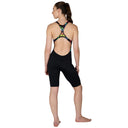 Black swimsuit with colorful back design on a white background