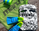 Maru swim training fins, bag, and arm bands on a wooden surface