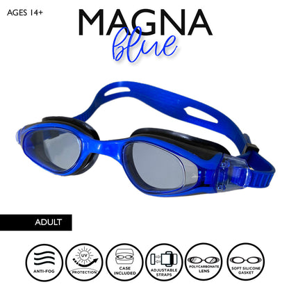 Maru Magna Swim Goggles Anti-Fog, Clear Vision with UV Protection, Blue and Black