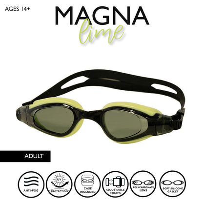 Maru Magna Swim Goggles Anti-Fog, Clear Vision with UV Protection, Black and Lime