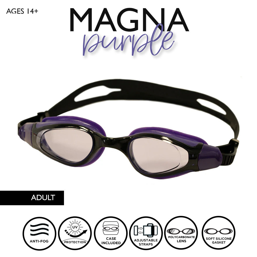 Maru Magna Swim Goggles Anti-Fog, Clear Vision with UV Protection, Purple and Black