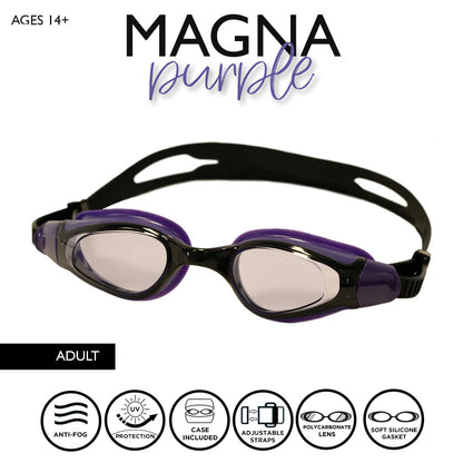 Maru Magna Swim Goggles Anti-Fog, Clear Vision with UV Protection, Purple and Black