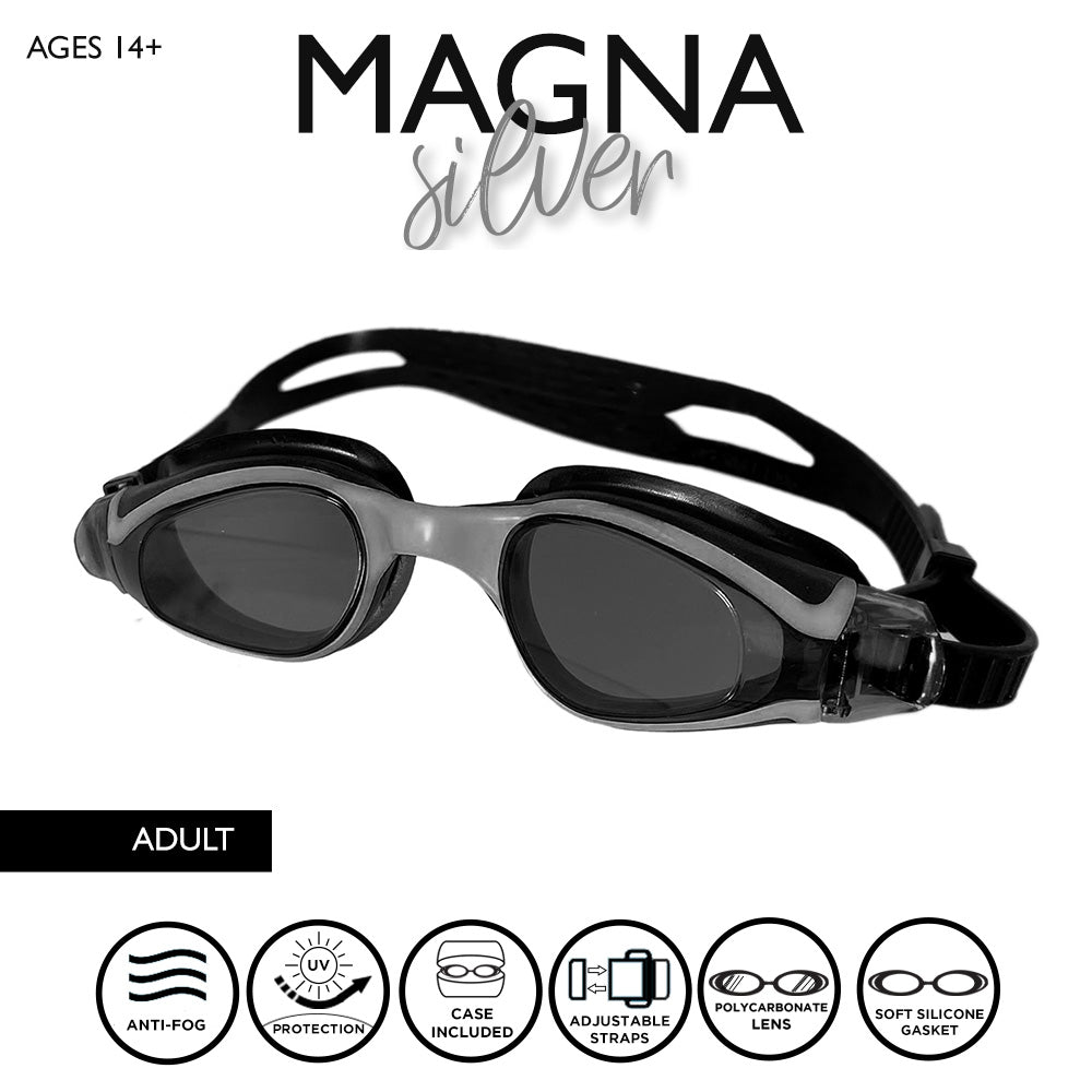 Maru Magna Swim Goggles, Anti-Fog, Clear Vision with UV Protection, Black and Silver