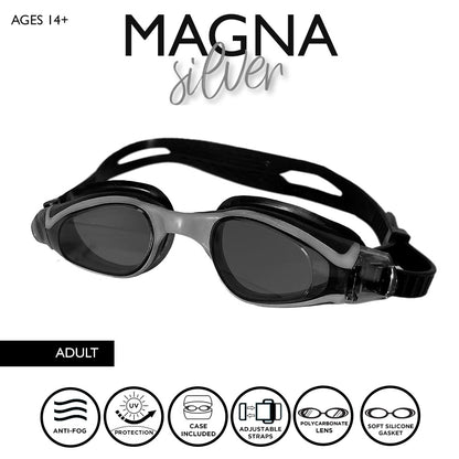 Maru Magna Swim Goggles, Anti-Fog, Clear Vision with UV Protection, Black and Silver