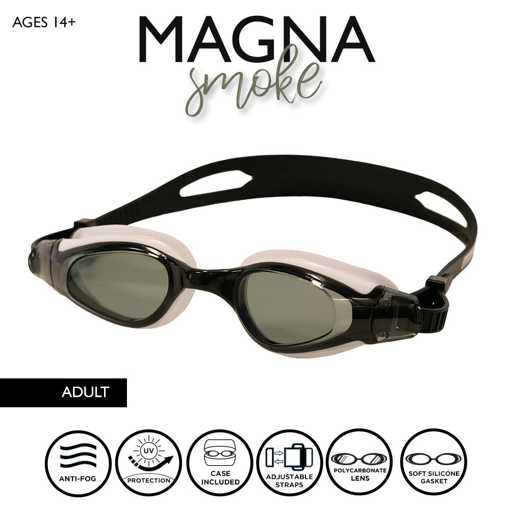 Maru Magna Swim Goggles Anti-Fog, Clear Vision with UV Protection, Black, White and Smoke