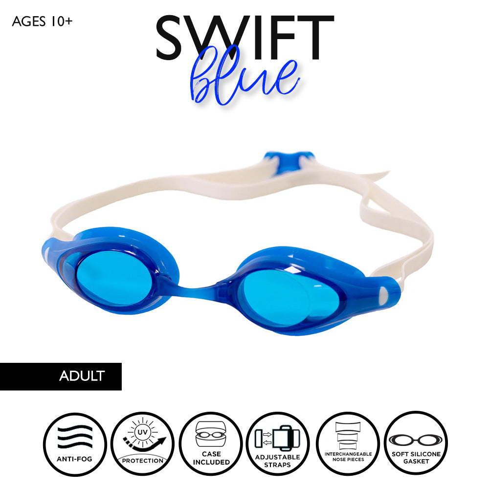 Maru Swift Swim Goggles, Anti-Fog, UV Protection, Blue and White