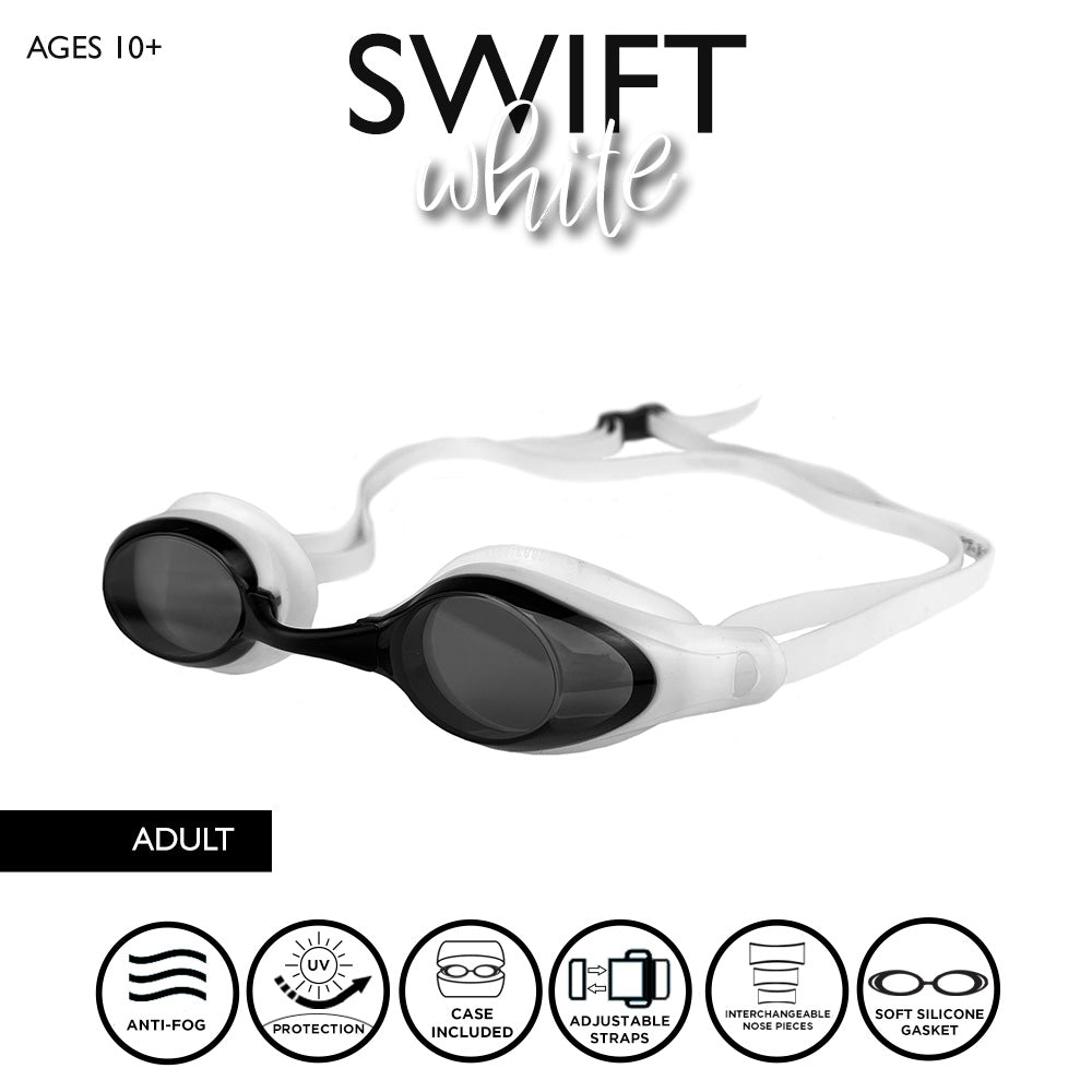 Maru Swift Swim Goggles, Anti-Fog, UV Protection, White and Black
