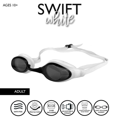 Maru Swift Swim Goggles, Anti-Fog, UV Protection, White and Black