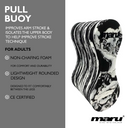 Infographic for Maru Swim pull buoy for adults, highlighting features like non-chafing foam, lightweight rounded design, and CE certification. Designed to improve arm stroke and isolate the upper body to enhance swim technique.