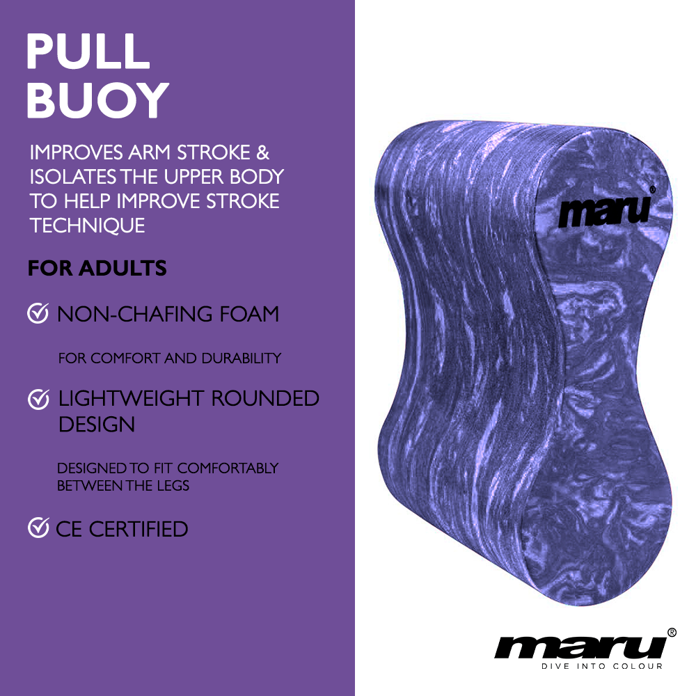 Infographic for Maru Swim pull buoy in a purple marbled design, intended for adults. Highlights include non-chafing foam for comfort and durability, lightweight rounded design for a comfortable fit between the legs, and CE certification. Designed to improve arm stroke and isolate the upper body to enhance swim technique.